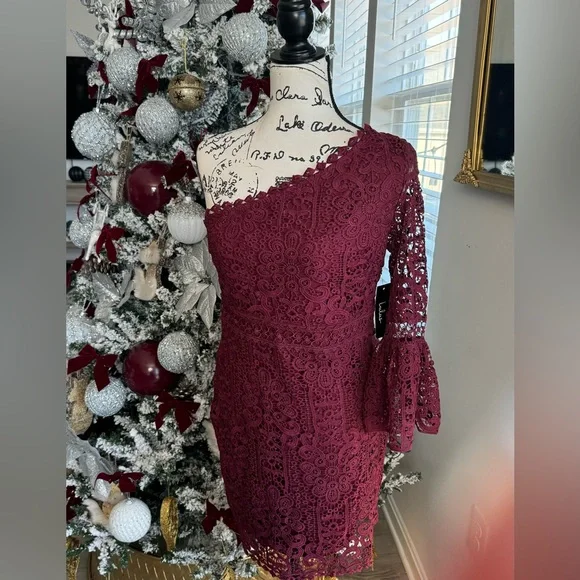 LULU’S Dreamy Date Burgundy Crochet Lace One-Shoulder Mini Dress - Picture 1 of 11